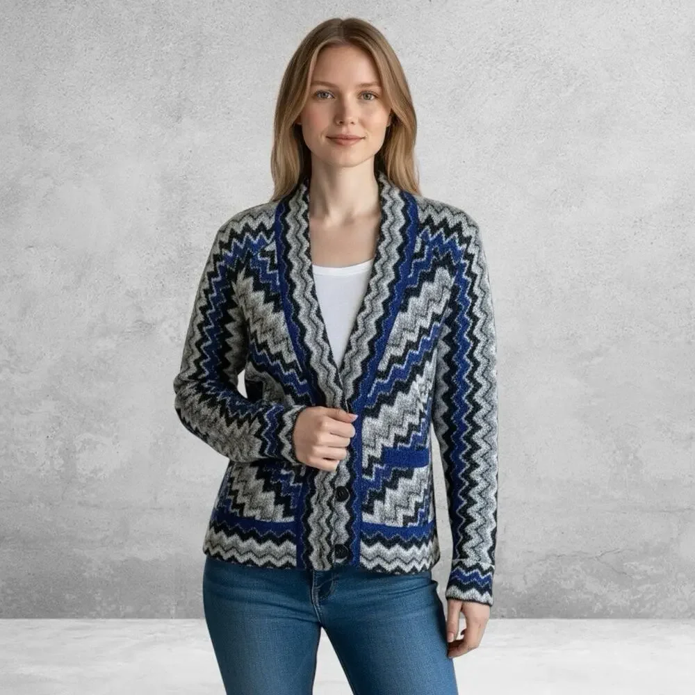 Chico's‎ Sz 0 (4) Zig Zag Cardigan Jacket Blue Gray Black Mohair Wool Open Cozy